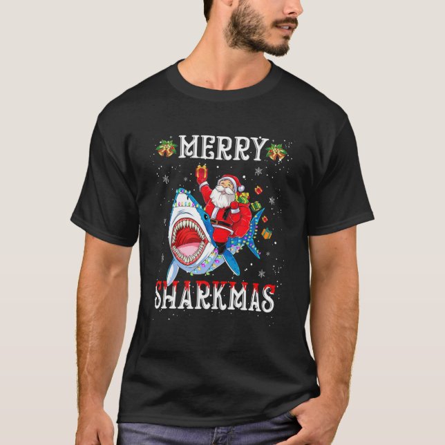 Camiseta Papais noeis de Sharkmas felizes Andam com Tubarão (Frente)