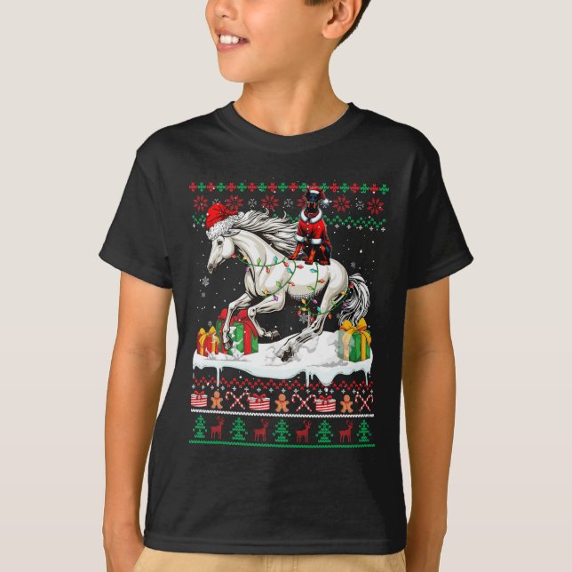 Camiseta Papais noeis Dobermann Riding Horse Christmas Swea (Frente)