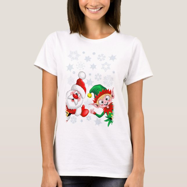 Camiseta Papais noeis e Caracteres de Natal do Elf diminuem (Frente)