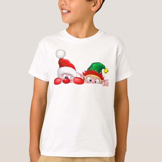 Camiseta Papais noeis e Elf Cute e Caracteres Engraçados (Frente)