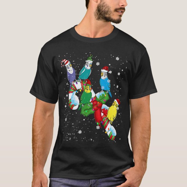 Camiseta Papais noeis ELF Budgerigar Em Candy Christmas Lig (Frente)