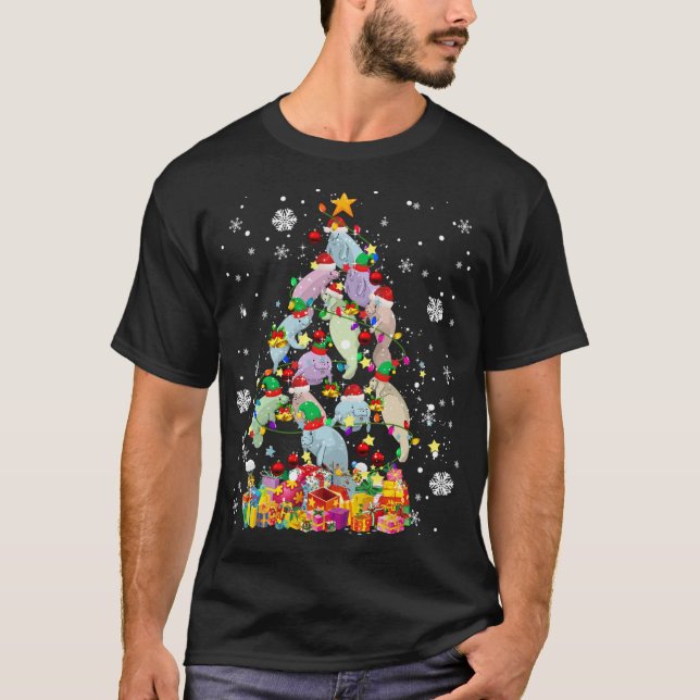 Camiseta Papais noeis ELF Manatee Árvore de Natal Manat (Frente)