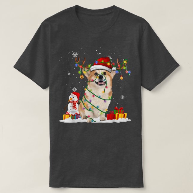 Camiseta Papais noeis engraçados Corgi Reindeer Fairy Light (Frente do Design)