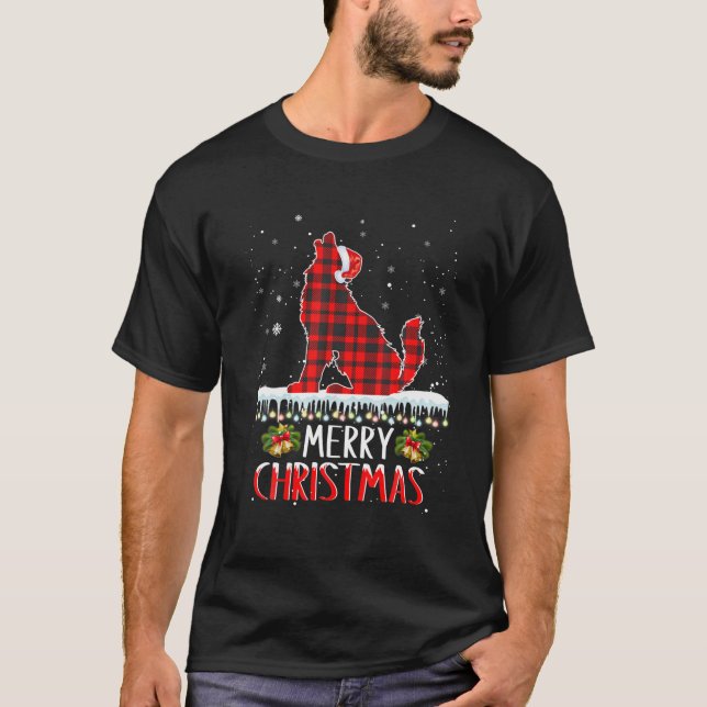 Camiseta Papais noeis engraçados do Natal Lobo Xadrez Verme (Frente)