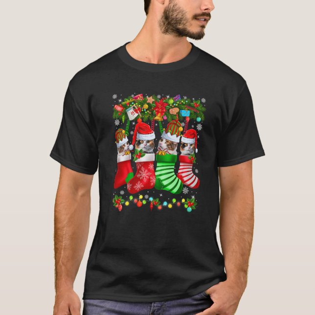 Camiseta Papais noeis Engraçados Elf Calico Gatos Em Meias  (Frente)