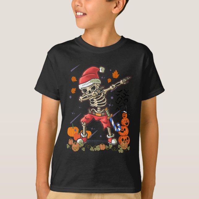 Camiseta Papais noeis Engraçados Esqueletos Dabbing Hallowe (Frente)