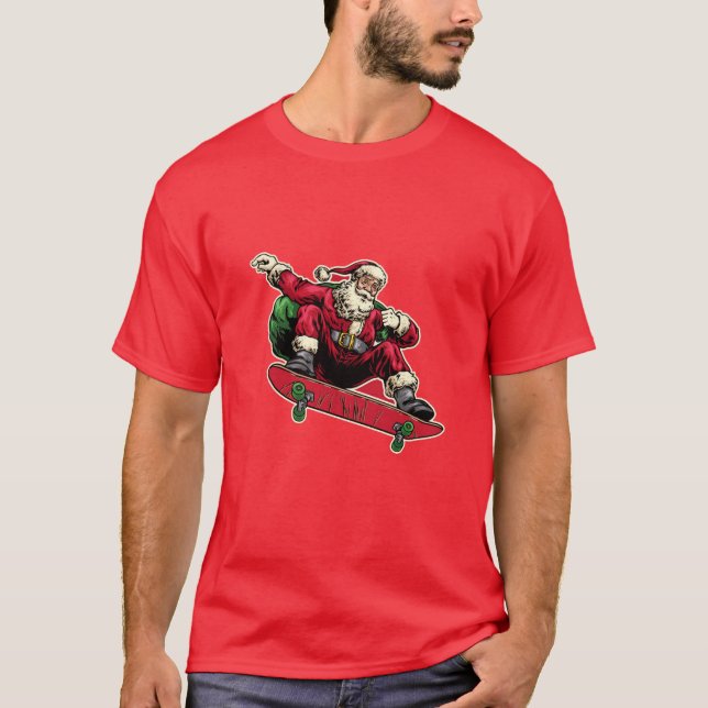 Camiseta Papais noeis engraçados no skate vermelho Feliz Na (Frente)