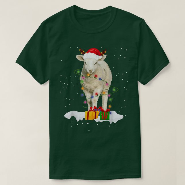 Camiseta Papais noeis Engraçados Ovino Luzes De Natal Anima (Frente do Design)