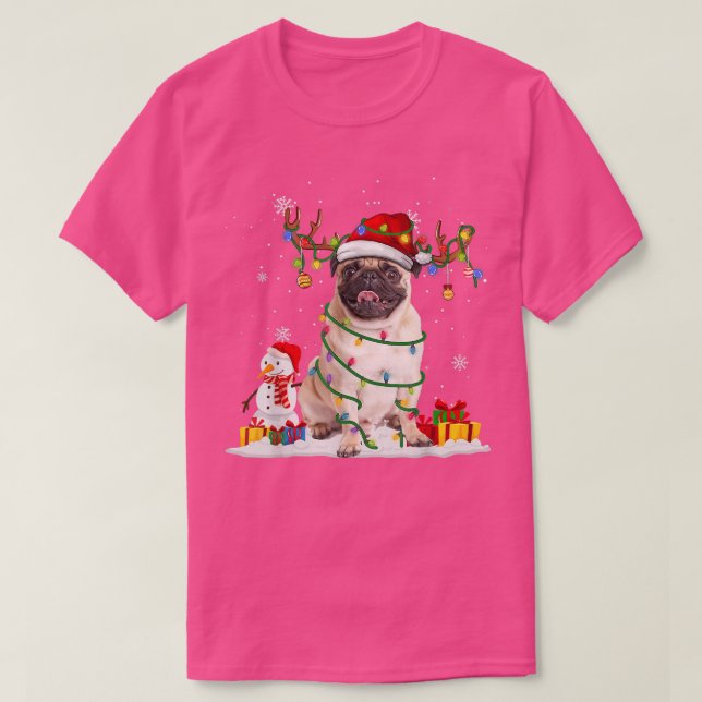 Camiseta Papais noeis Engraçados Pug Reindeer Fairy Light F (Frente do Design)