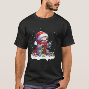 Camiseta Papais noeis Engraçados Sloth Amarrados Nas Luzes