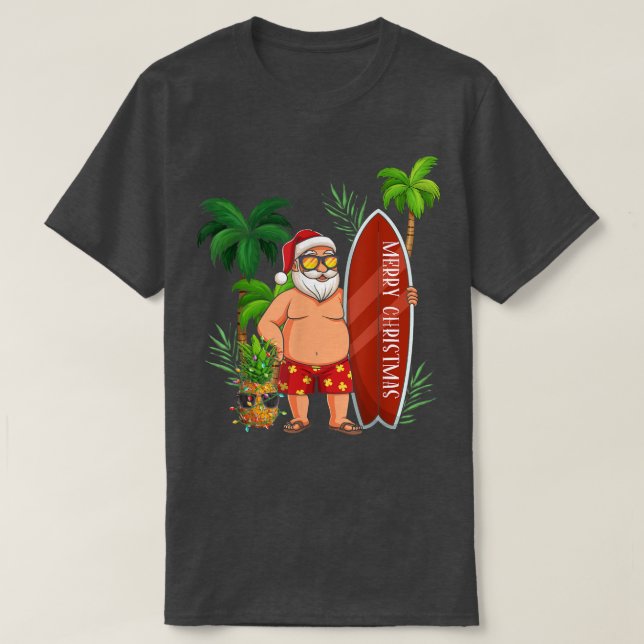 Camiseta Papais noeis Engraçados Surfando Feliz Natal Em Pa (Frente do Design)