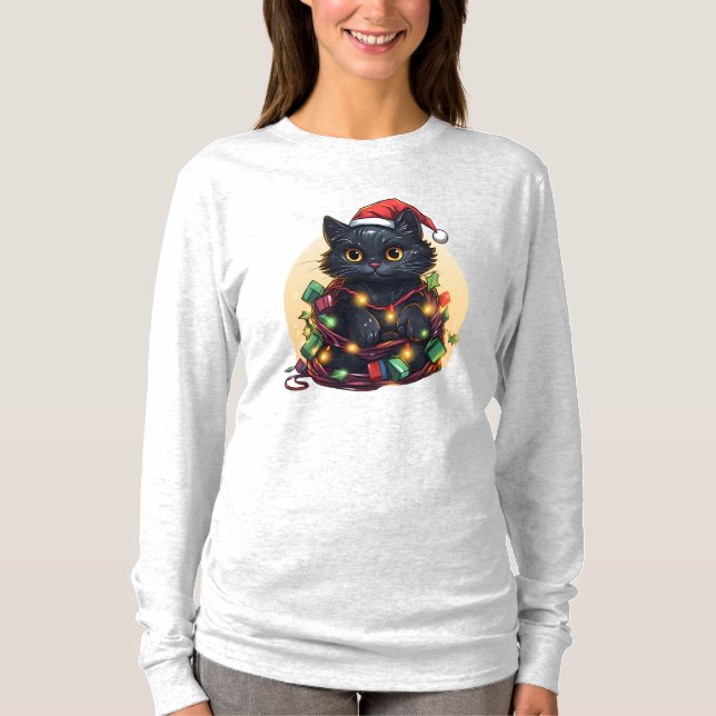 Camiseta Papais noeis Feriado das Luzes de Gato (Frente)