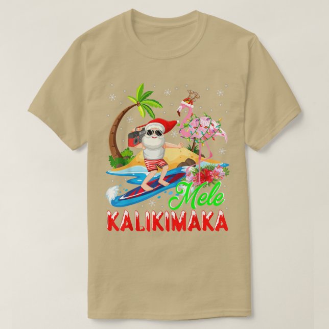 Camiseta Papais noeis Flamingo do Havaí Mele Kalikimaka Mer (Frente do Design)
