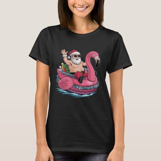 Camiseta Papais noeis Flamingo Floatie Natal Em Julho De Ve (Frente)