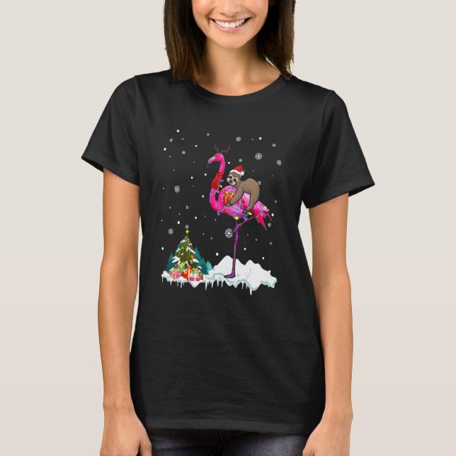 Camiseta Papais noeis Flamingo Reindeer Flamingo Xmas Light (Frente)