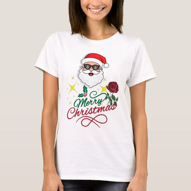 Camiseta Papais noeis legal Feliz Natal com Rosa e Holly (Frente)