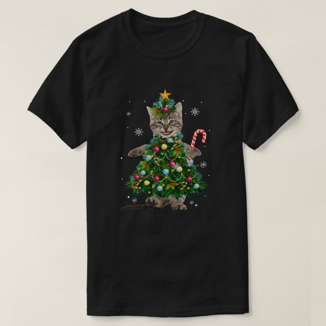Camiseta Papais noeis Maine Coon Cat Árvore De Natal Ligeir (Frente do Design)
