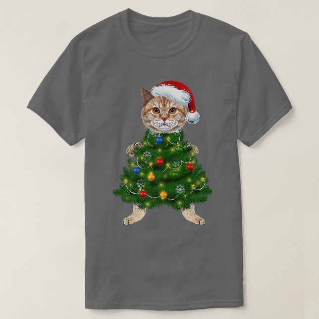 Camiseta Papais noeis Maine Coon Cat Árvore De Natal Ligeir (Frente do Design)