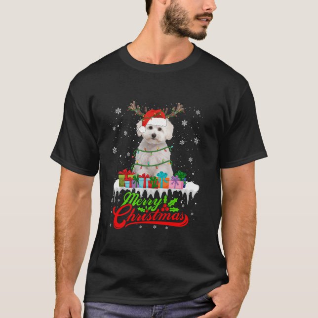 Camiseta Papais noeis Maltês Cachorros Natal Pijamas Luzes  (Frente)