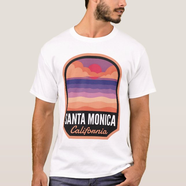 Camiseta Papais noeis Monica Beach CA Retro Sunset (Frente)