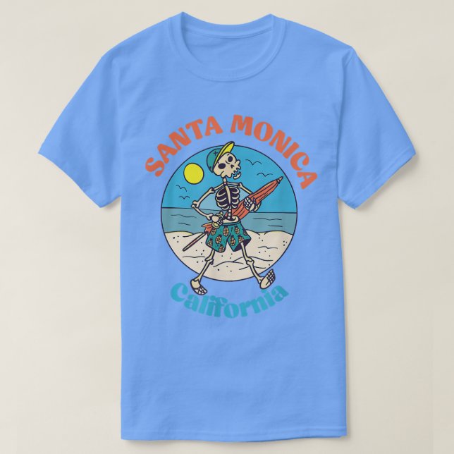 Camiseta Papais noeis Monica Beach California Skeleton Souv (Frente do Design)