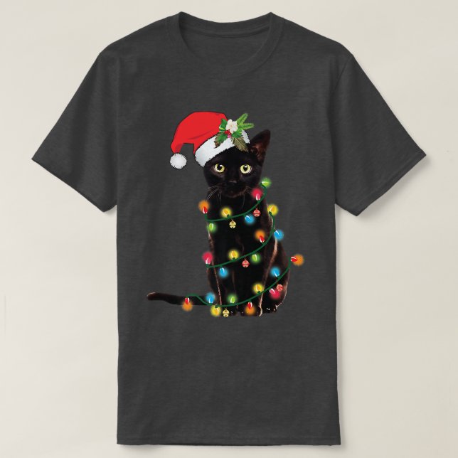 Camiseta Papais noeis Negros De Gato Arrependido Na Árvore  (Frente do Design)