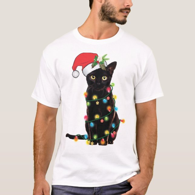 Camiseta Papais noeis Negros Gatos Tangidos Em Luzes De Nat (Frente)