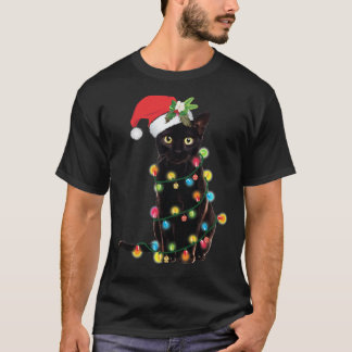 Camiseta Papais noeis Negros Gatos Tangidos Em Luzes De Nat