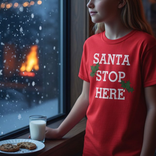 Camiseta Papais noeis Param Aqui Engraçados T-Shirt Feriado (Santa Stop Here! Fun and festive t-shirt to wear during the Holiday Season)