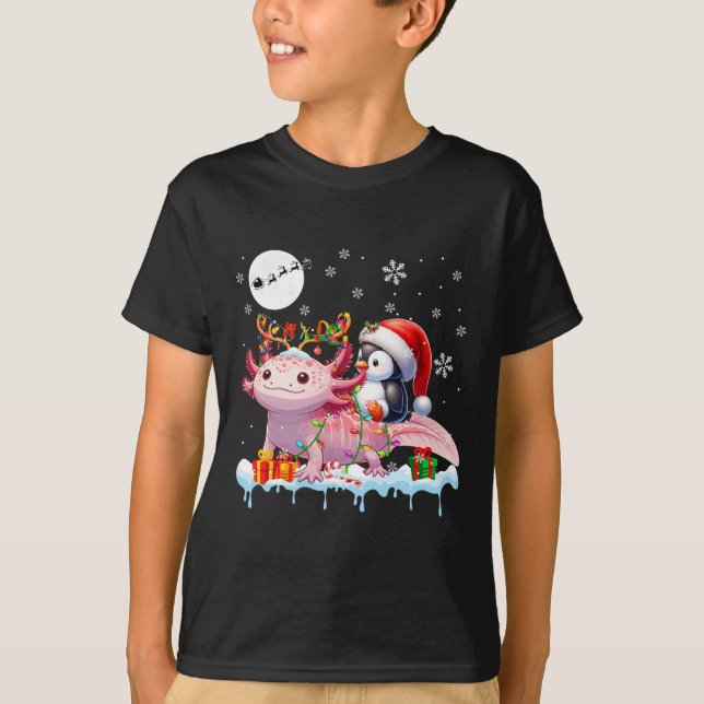 Camiseta Papais noeis Penguin Riding Axolotl Reindel Christ (Frente)