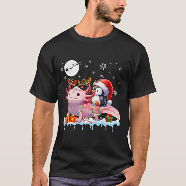 Camiseta Papais noeis Penguin Riding Axolotl Reindel Christ (Frente)