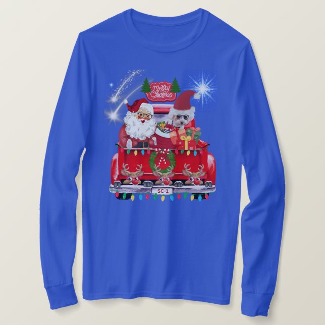 Camiseta Papais noeis Poodle Reindeer Blue Tee (Frente do Design)