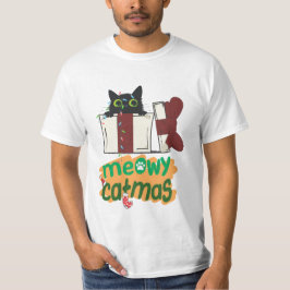 Camiseta Papais noeis pretos Gato enredado em luzes de árvo
