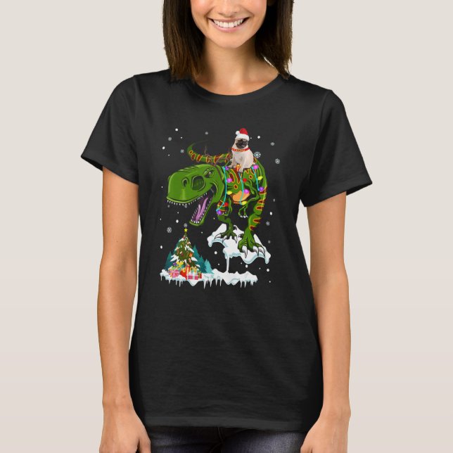 Camiseta Papais noeis Pug Riding Rex Reindee Natal Amor lev (Frente)