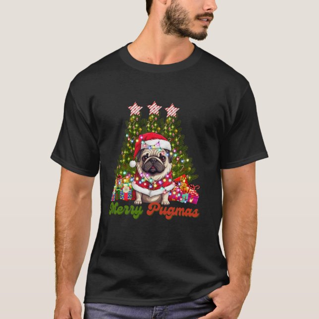 Camiseta Papais noeis Pugmas felizes Pug Dog Luzes de Natal (Frente)
