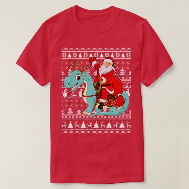 Camiseta Papais noeis Puros do Xmas Andando Brontosaurus Di (Frente do Design)