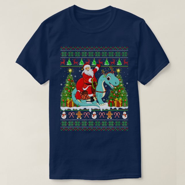 Camiseta Papais noeis Puros do Xmas Andando Brontosaurus Di (Frente do Design)
