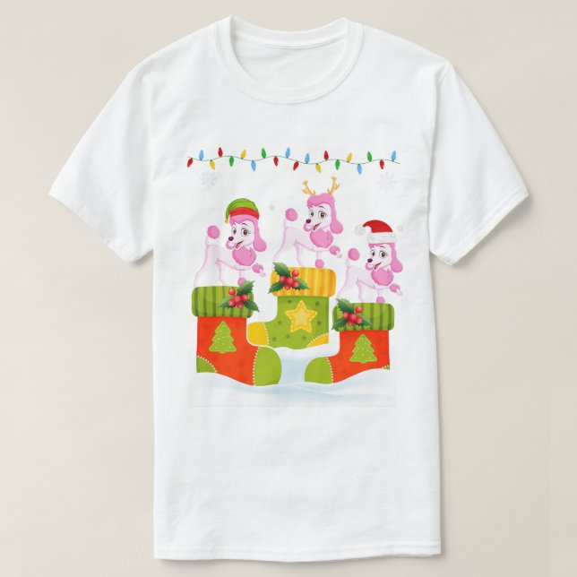 Camiseta Papais noeis Reindeer Elf Poodle Dog em Meias de N (Frente do Design)