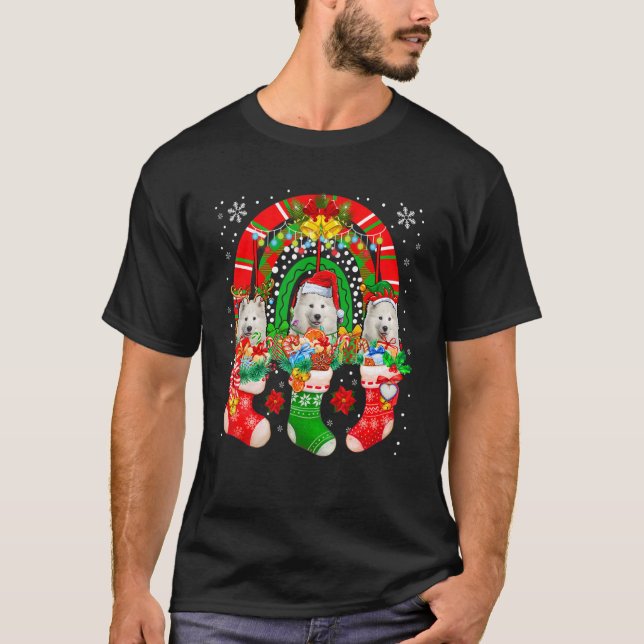 Camiseta Papais noeis Reindeer Elf Samoyed Cães Em Meias De (Frente)