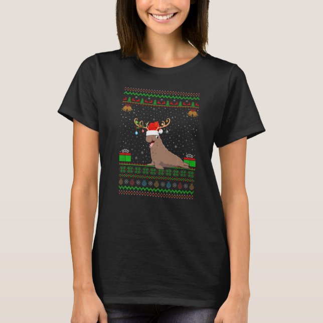 Camiseta Papais noeis Reindeer Hat Correspondendo Ao Foco D (Frente)