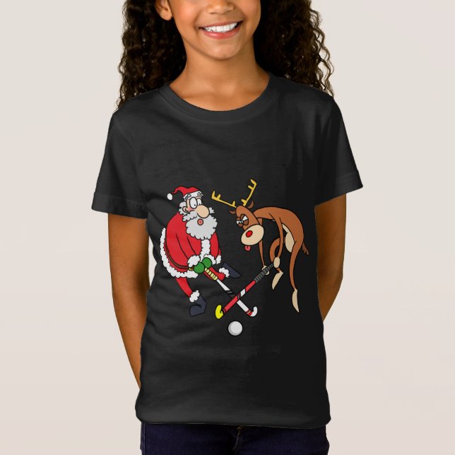 Camiseta Papais noeis Reindeer Jogando Jogador De Hóquei Em (Frente)