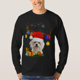 Camiseta Papais noeis Reindeer Maltês Cachorro Luzes de Nat