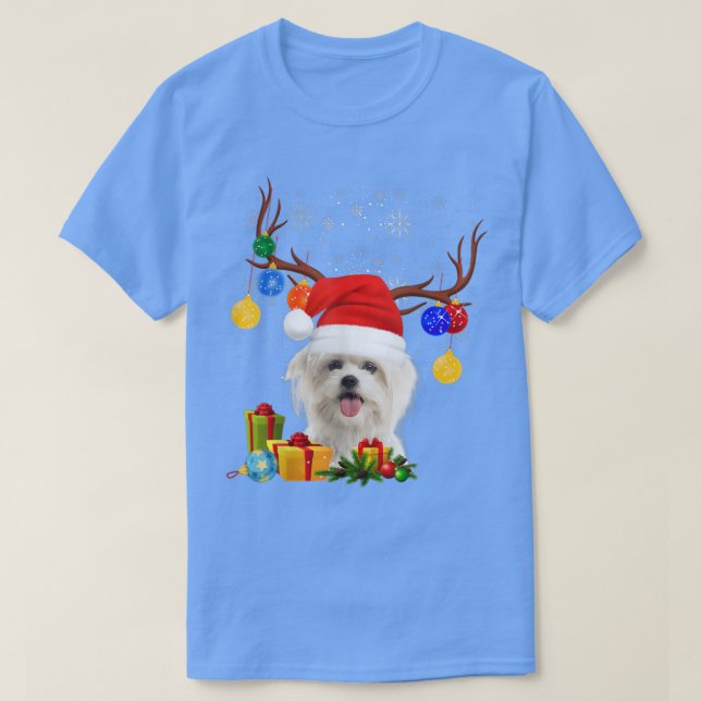 Camiseta Papais noeis Reindeer Maltês Cachorro Luzes de Nat (Frente do Design)