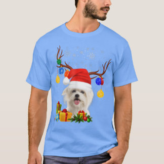 Camiseta Papais noeis Reindeer Maltês Cachorro Luzes de Nat