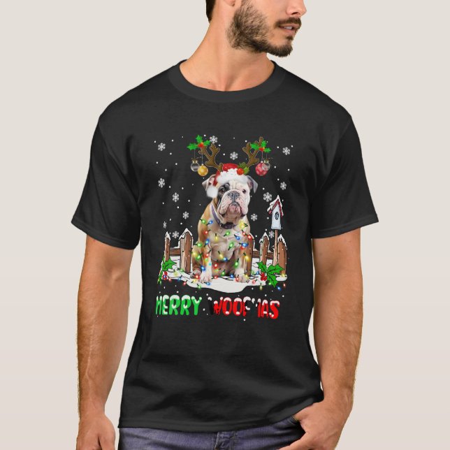 Camiseta Papais noeis Reindeer Pitbull Cachorro Luzes de Na (Frente)