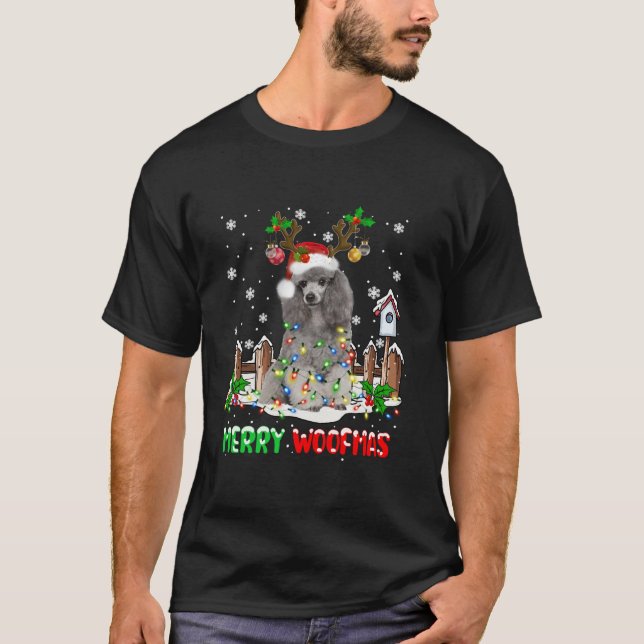Camiseta Papais noeis Reindeer Poodle Cachorro Luzes De Nat (Frente)