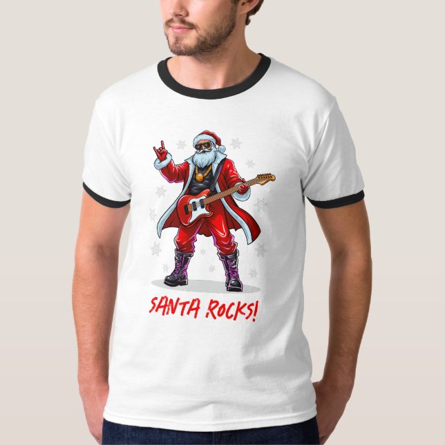 Camiseta Papais noeis Rocks! Engraçado Papai Noel tocando v (Frente)