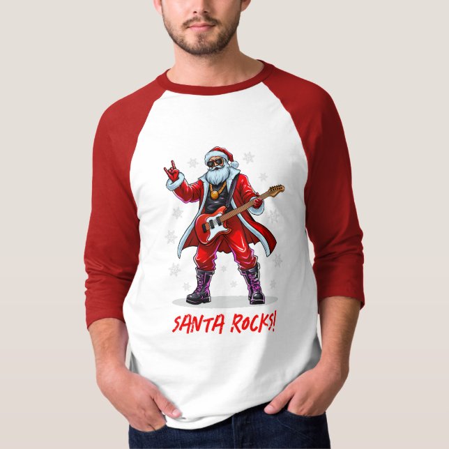 Camiseta Papais noeis Rocks! Engraçado Papai Noel tocando v (Frente)