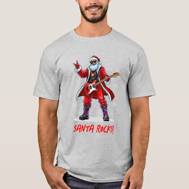 Camiseta Papais noeis Rocks! Engraçado Papai Noel tocando v (Frente)