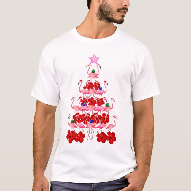 Camiseta Papais noeis Rosa Flamingo Árvore de Natal (Frente)